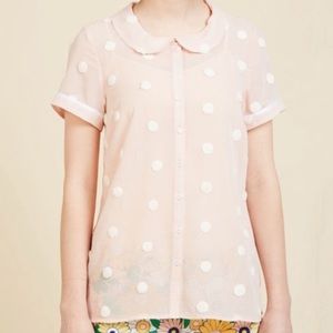 ModCloth pink blouse white polka dots Peter Pan M